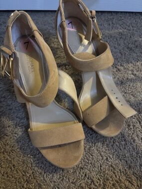 Michael Kors Tan Suede Block Heel Sandals with Ankle Buckle